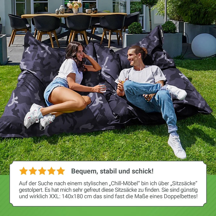 Green Bean® Sitzsack XXL 140x180cm 380 Liter Kinder & Erwachsene Bean Bag EPS Perlen Füllung Outdoor Riesensitzsack - waschbares und wetterfestes Lounge Sitzkissen - Camouflage Schwarz – Bild 4