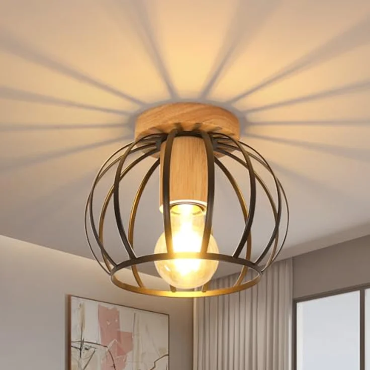 Comely Deckenleuchte Vintage, Industrial Deckenlampe Metall in Käfigform, Retro Kronleuchter E27 für Schlafzimmer, Wohnzimmer, Eingang, Flur (Schwarz+Holz) – Bild 2