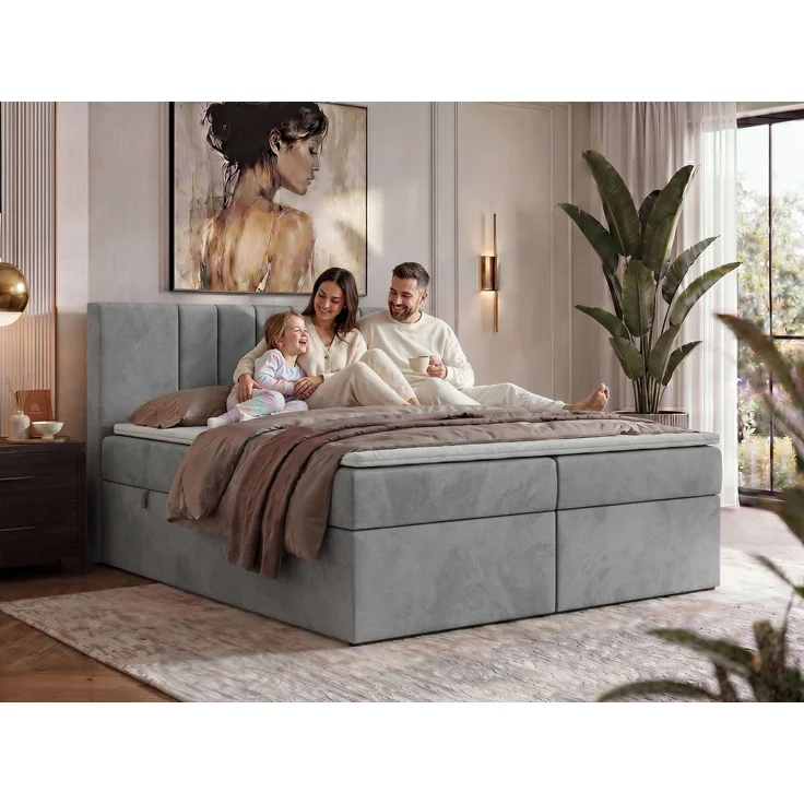 Boxspringbett INERO 200 x 200 mit Matratze H3 und Topper T25, 7-Zonen-Multipocket-Kern, zwei Bettkästen, Doppelbett, gepolstert Kopfteil - Greige Stukture – Bild 3