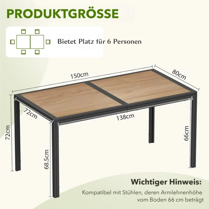 TLGREEN Gartentisch Groß, 150×80×72 cm DPC Balkontisch, (Rechteckiger Terrassentisch mit Metallgestell), Esstisch Outdoor für Garten, Balkon, Terrasse,Innenräume usw – Bild 3