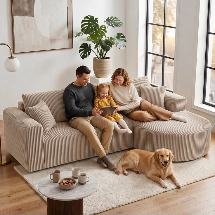 COMHOMA Sofa Ecksofa mit Schlaffunktion, Corduroy Modulares Boneless Couch, mit Chaiselongue, L-Form Schlafsofa, Sektionssofas mit Kissen & Seitentaschen – Bild 4