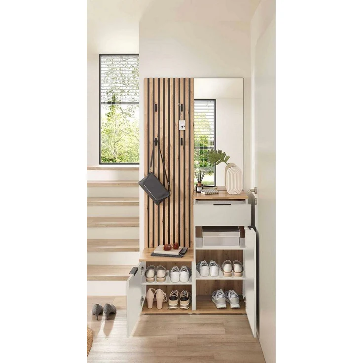 moebel-dich-auf Kompaktgarderobe EASY (Paneel + Bank + Spiegel + Schuhschrank, in 2 Farbvarianten, Lamellenoptik) 88 cm breit – Bild 2
