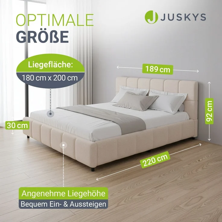 Juskys Polsterbett Florenz 180 x 200 cm – Bouclé, modernes Bett mit Kopf- & Fußteil, stabilem Holz- & Metallrahmen, Lattenrost, 500 kg Tragkraft – Beige – Bild 3