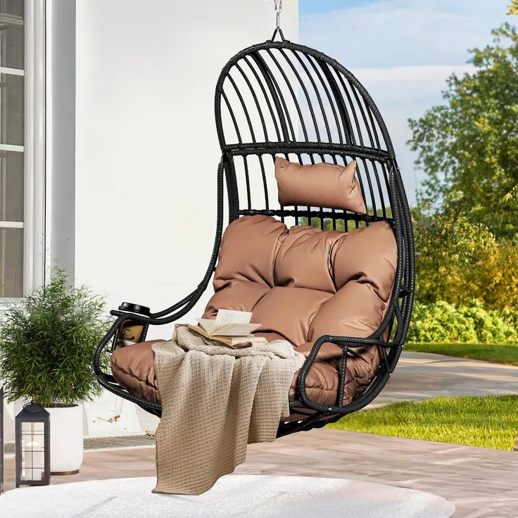 YITAHOME Rattan Hängesessel 150kg, mit Kissen & Getränkehalter, Braun