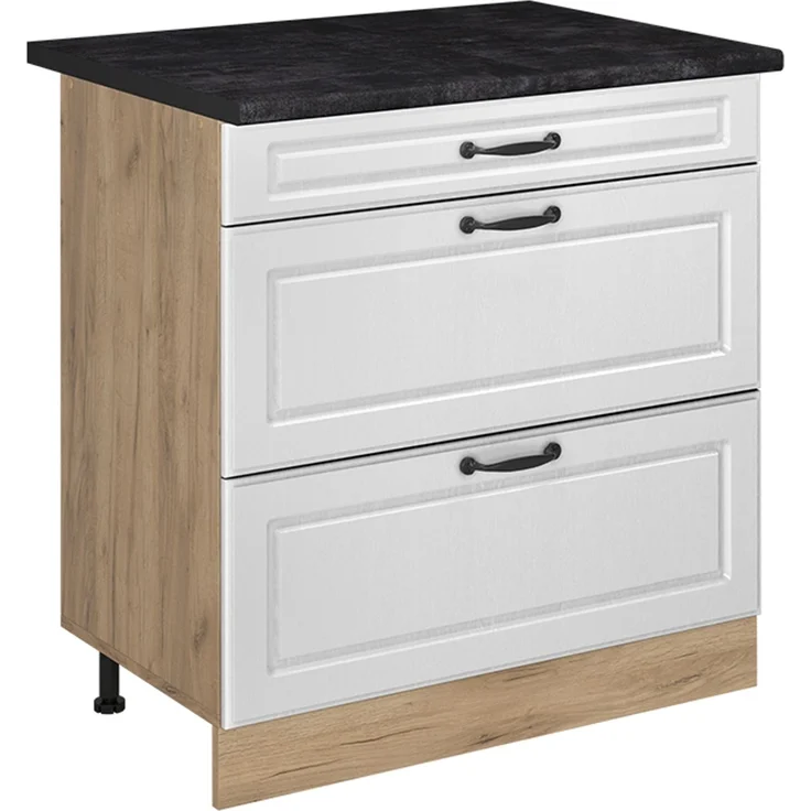 Küchenunterschrank R-Line Weiß Landhaus/Goldkraft Eiche 80 cm mit 3 Schubladen Arbeitsplatte Anthrazit Vicco – Bild 1
