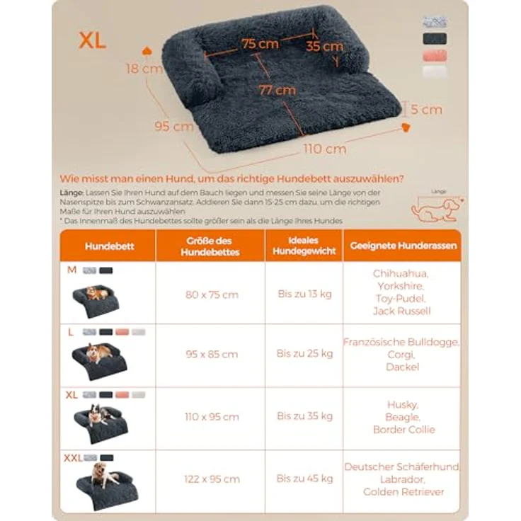 Feandrea FluffyHug Hundebett Plüsch, Größe XL, für mittelgroße und große Hunde, dunkelgrau, 110 x 95 x 18 cm – Bild 7
