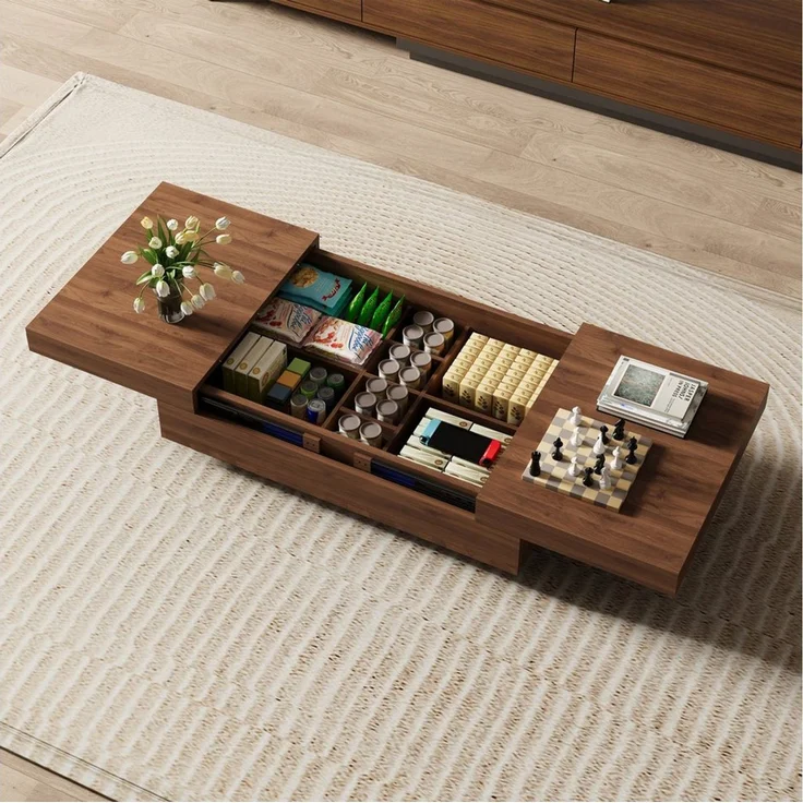 oleyluckidea Couchtisch Ausziehbarer Kaffeetisch mit Stauraum, Wohnzimmertisch Sofatisch (Einzelstück), Breite 120 cm, Nussbaum 120-208 cm für Wohnzimmer – Bild 2