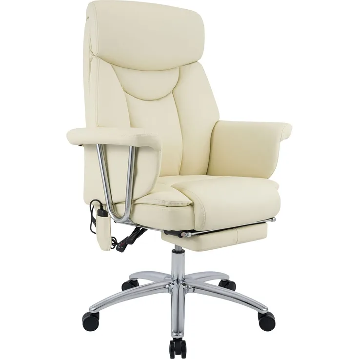CLP Bürostuhl Dahra Echtleder Massagefunktion mit Fußablage höhenverstellbar,creme