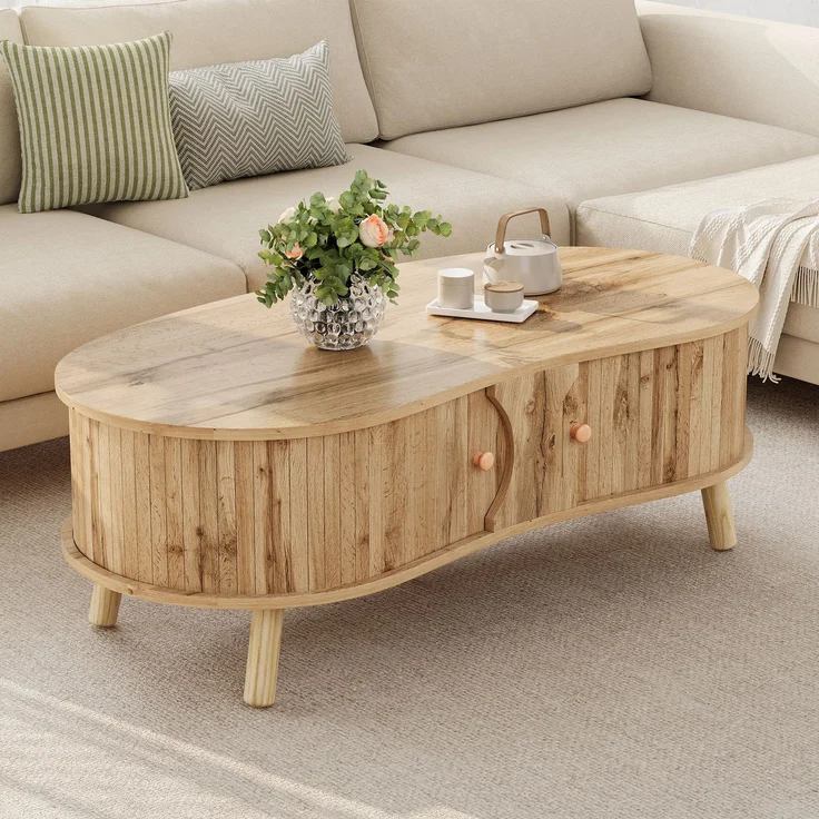 Couchtisch B 108 x T 50 x H 37 cm, mit 2 Schiebetüren, MDF in Holzoptik, Massivholzbeine – Bild 4