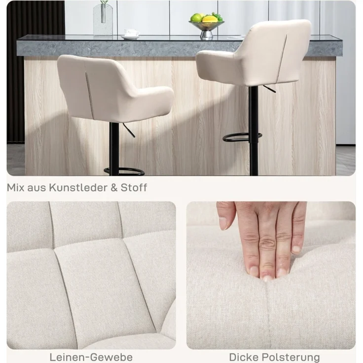 Barhocker 2er-Set Retro-Design höhenverstellbar Kunstleder Leinenoptik Creme + Schwarz--Cremeweiß--57.5x52.5x114cm--YOUDENOVA – Bild 6