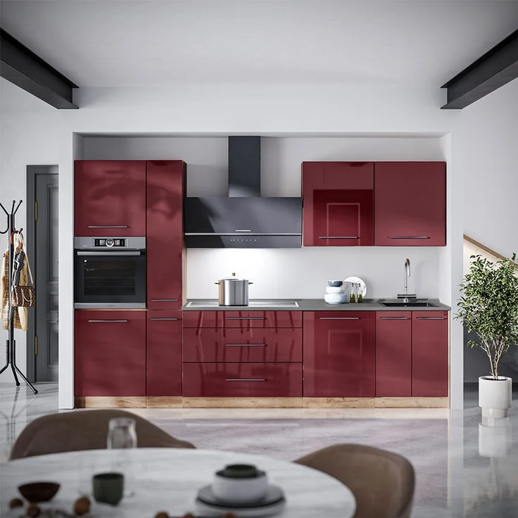 Küchenzeile Fame-Line Bordeaux Hochglanz/Goldkraft Eiche 310 cm ohne Arbeitsplatte Vicco – Bild 5
