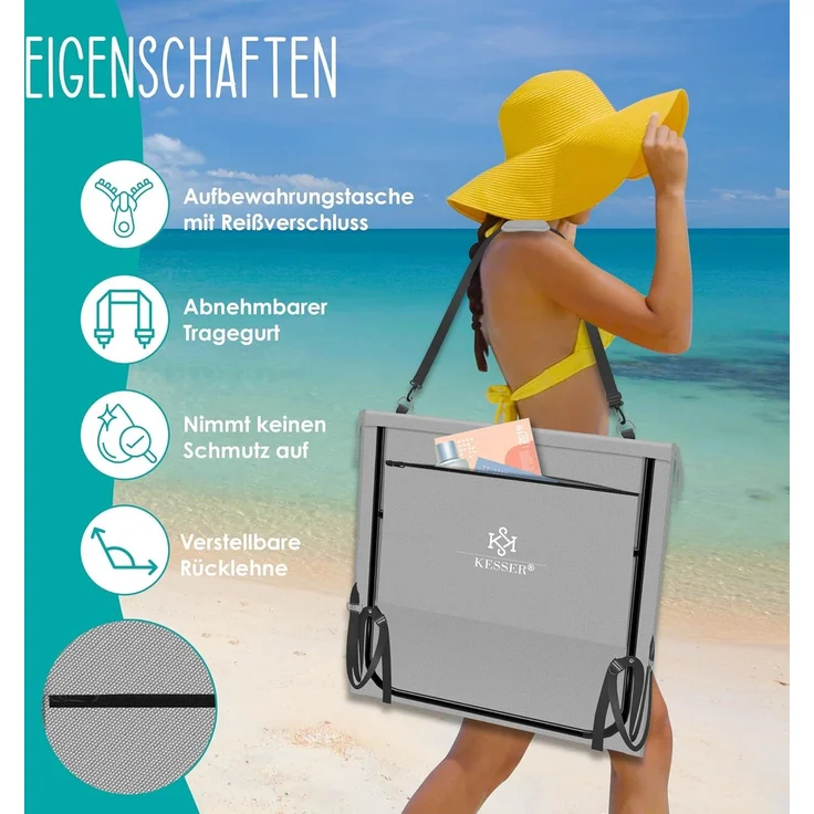 KESSER® Strandmatte klappbar mit verstellbarer Rückenlehne, Strandliege faltbar mit Tragegurt, wasserdichter Handyhülle & Aufbewahrungstasche, Sonnenliege für Strand Garten Terrasse, Liegematte 130Kg Grau, 2er Set / 50W – Bild 4