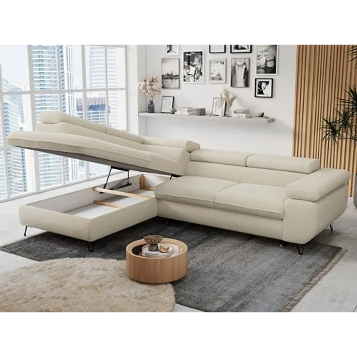 Mks Möbel 'Peter L-form' Ecksofa mit Bettfunktion, Bettkasten & einstellbaren Kopfstützen, Beige, Boucle, links – Bild 5