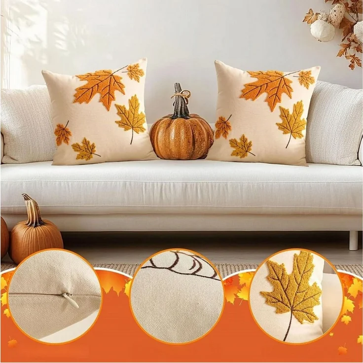 FOUORTUNATE-BEE Kissenbezug Herbstliche Kissenbezüge mit Ahornblättern, 2er Set, (2 Stück), Samtige Kissenhüllen mit Ahornblatt-Motiv für Herbstdeko – Bild 3