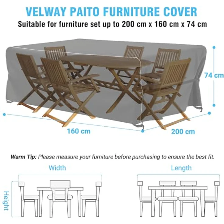Velway Gartenmöbel Abdeckung Wasserdicht 200 x 160 x 74 cm - Winddicht Schutzhülle mit Reflektierender Streifen 600D Oxford Möbelsets Abdeckung Staubfest Abdeckhauben für Gartentisch Sitzgruppe Schwarz – Bild 3