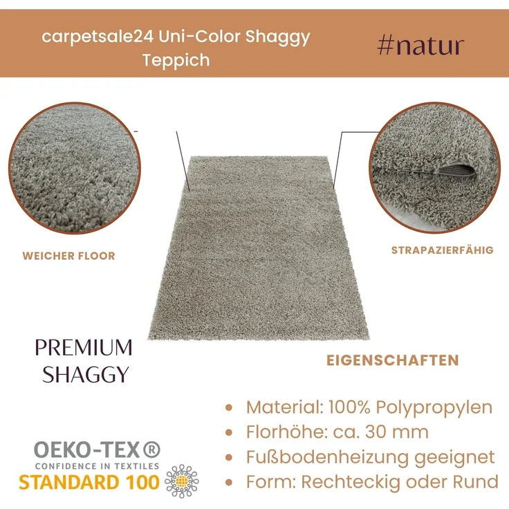 Carpetsale24 Shaggy Hochflor Teppich Wohnzimmer 200 cm Rund Natur - Modern Flauschiger Teppich Extra Weich, Pflegeleicht und Einfarbig - Ideal als Teppich für Schlafzimmer, Esszimmer und Küche – Bild 2