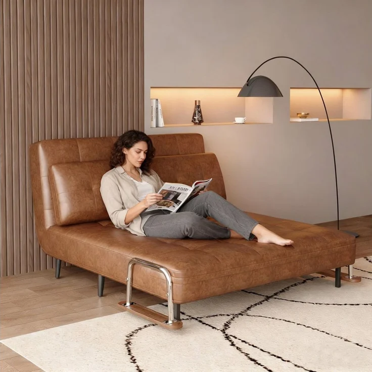 oleyluckidea Schlafsofa 150cm,Lederoptik Sofa ausziehbare Schlafcouch mit Schlaffunktion,braun, Zum Bett umwandelbar, Bettfunktion, Sofabett – Bild 3