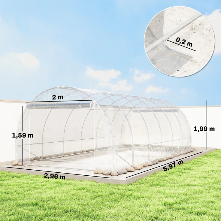 Wohnora-18 m² großes Gartentunnelgewächshaus, 296 x 597 x 199 cm, verzinktes Stahlgestell, 150 g/m² transparente PE-Folie,H 1990cm x T 1070cm x B 2960cm,Transparent – Bild 4