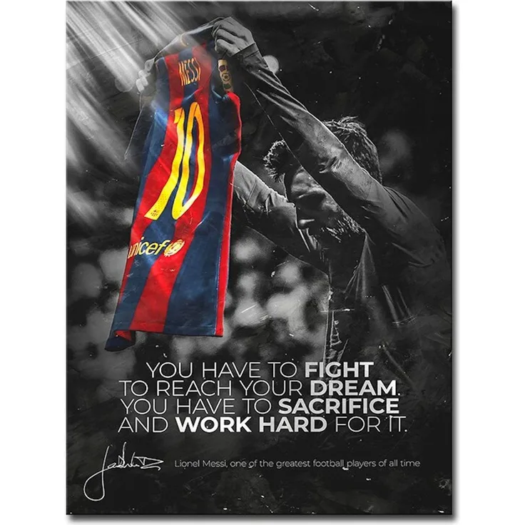 Poster Fußball Messi Fc Barcelona Nr. 10 Rot Blau Trikot und Motivations Spruch als Deko Print ohne Rahmen - 40 x 50 cm / A