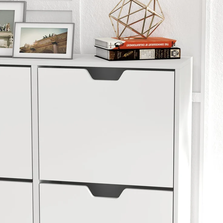 Schuhschrank mit 4 Klappen für 16 Paar Schuhe, mit verstellbarem Einlegeboden, Füße aus Kiefernholz, 95 x 26 x 95 cm, weiß – Bild 10