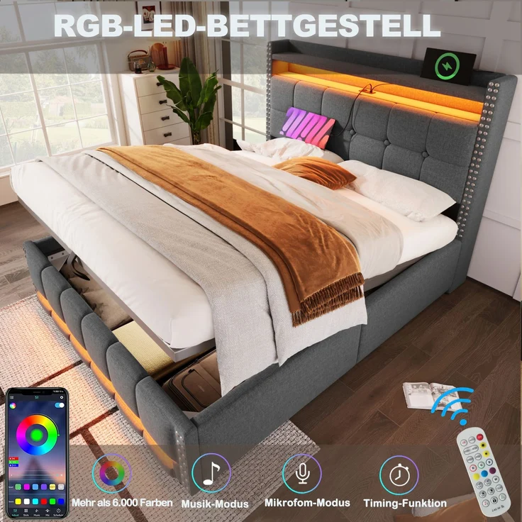 Polsterbett 140×200 cm mit Bettkasten, LED-Beleuchtung und USB-Anschluss, Grau – Bild 8