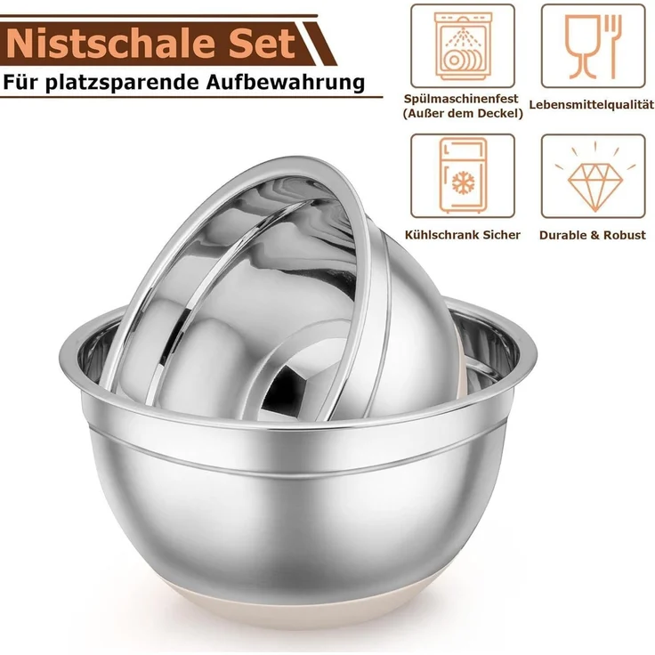 TEAMFAR Rührschüssel Set Edelstahl Salatschüssel Luftdichten Deckel Silikonboden – Bild 3
