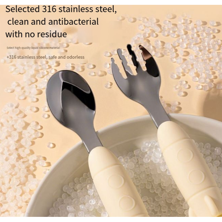 ABC Löffel aus Edelstahl 316L, niedliche raketenförmige Silikongabel und -löffel für Babys, lebensmittelechtes Babygeschirr – gelb – Bild 5