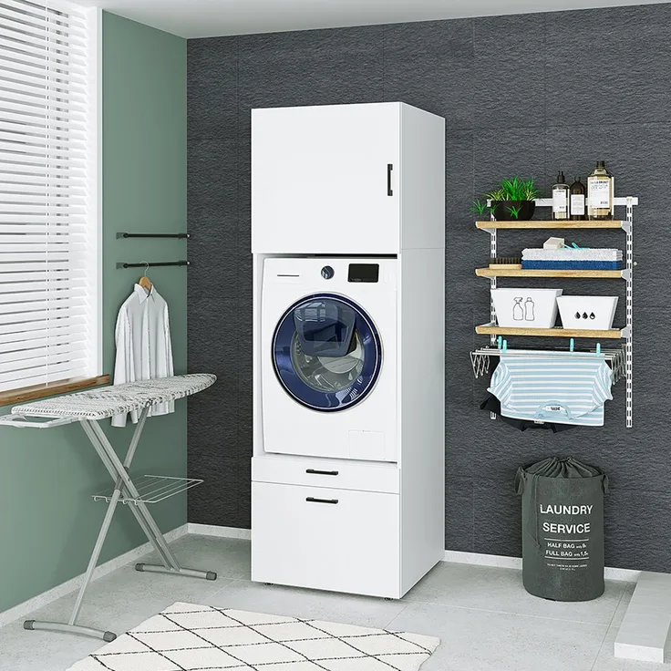Roomart Waschmaschinenschrank mit Schrankaufsatz & Ausziehbrett – SERIE 2 - 67 cm breit, Waschturm für Waschküche & Hauswirtschaftsraum • Weiß