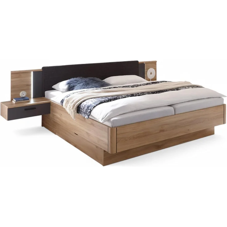 Stella Trading ASCHAU Stilvolle Doppelbett Bettanlage mit Nachtkommoden & Beleuchtung 180x200 cm - Schlafzimmer Komplett-Set in Mauvella Eiche Optik, Graphit - 305 x 93 x 210 cm (B/H/T)
