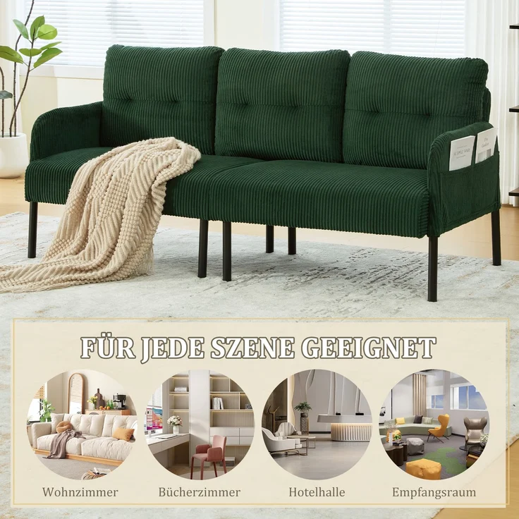 LVHOM 3-Sitzer Sofa mit Metallsockel, Polstersofa mit Seitentaschen, Loungesofa aus Cordstoff, Ergonomisches Stoffsofa, 171x72x80cm – Bild 7