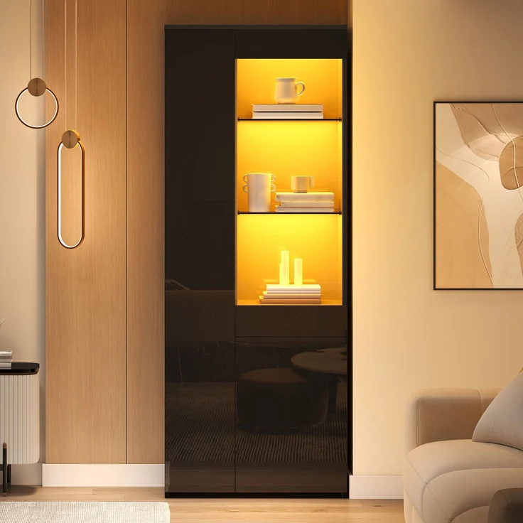 70*35*180cm Vitrine mit Schubladen, Vitrine Hochglanz, Glasvitrine mit LED-Beleuchtung,Hochschrank, Highboard Mit Schrank , Standvitrine,Trennwandlagerung, empfohlene Tragkraft 45kg,Schwarz – Bild 1