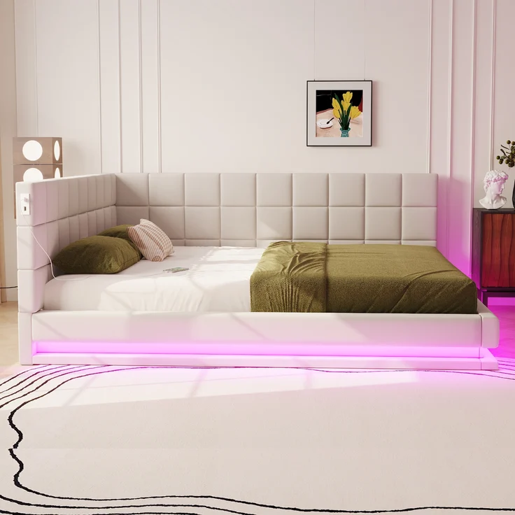 Polsterbett, Schlafsofa Multifunktionsbett mit LED-Lichtleiste USB Steckdose Lattenrost, Samt, Beige, 160x200cm – Bild 3