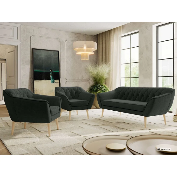 Wohnzimmerset PIRS 1-1-3, Skandinavisches 3-Sitzer Sofa mit Sesseln, Sofa mit Wellenfederung, Buche Füße, Skandinavisches Möbelset - Dunkelgrau Stukture – Bild 1
