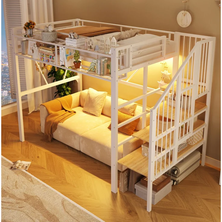 Hochbett 90x200 cm in Weiß mit Stufenregal, Gitterablagen und LED-Licht (ohne Matratze) – Bild 3