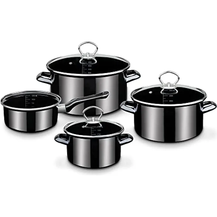 GSW Topf-Set Profi-Black-Star, Stahl-Emaille (Set, 7-tlg, 1x Stielkasserolle 16 cm, je 1x Fleischtopf 16/20/24 cm), Induktion