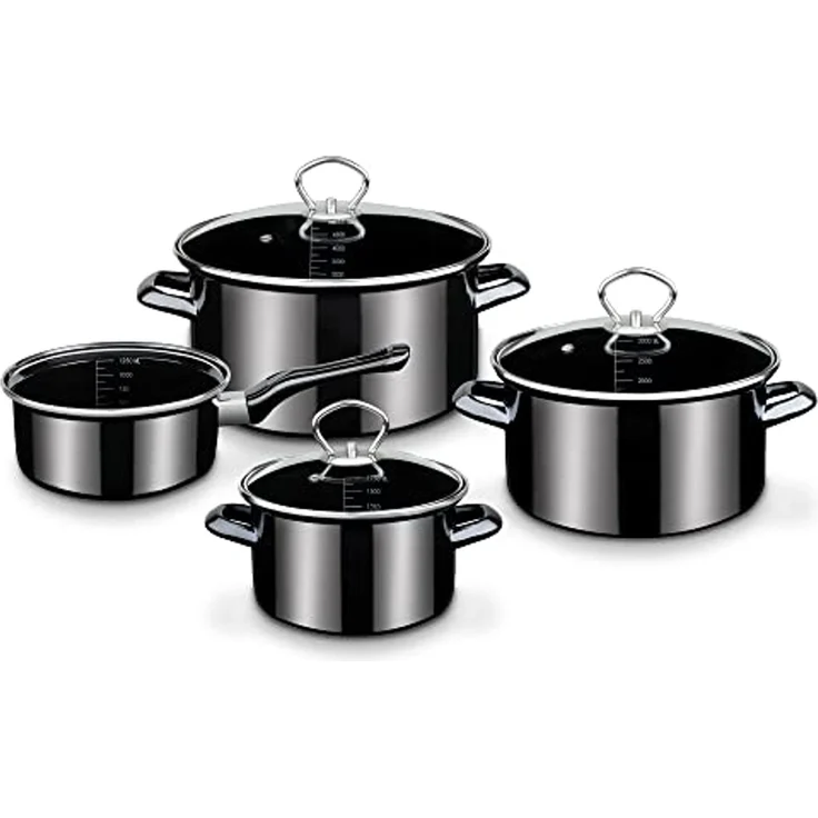 GSW Topf-Set Profi-Black-Star, Stahl-Emaille (Set, 7-tlg, 1x Stielkasserolle 16 cm, je 1x Fleischtopf 16/20/24 cm), Induktion – Bild 1