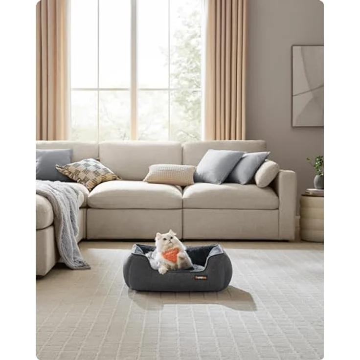 Feandrea Katzenbett, Hundebett, Hundekissen in Leinenoptik, erhöhte Ränder, rutschfeste Unterseite, Bezug abnehmbar waschbar, S, für Minihund, 60 x 50 x 21 cm, dunkelgrau PGW009G01 – Bild 3