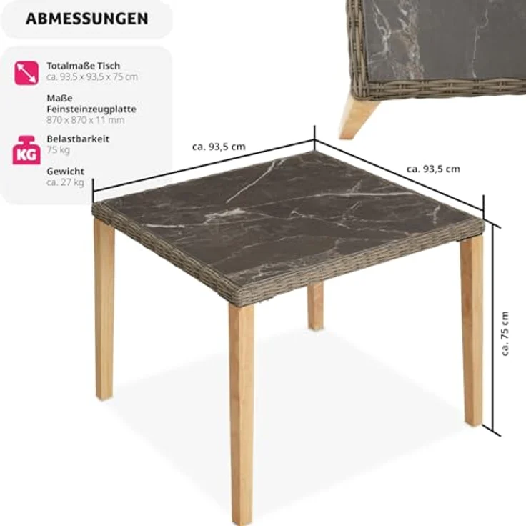 tectake Rattantisch Tarent, quadratisch, marmorierte Feinsteinzeugplatte, 93.5x75x93.5 cm, Aluminiumgestell, UV-beständiges Polyrattan – Bild 2