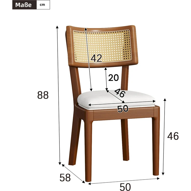 Esszimmerstühle 2er-Set 88cm×50cm×58cm aus Massivholz und Rattan – mit Leinenkissen, Walnuss – Bild 5