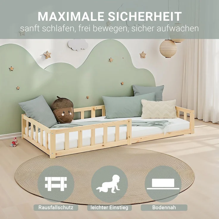 Kinderbett 90x200 Bodenbett mit Rausfallschutz Montessori Bett Kleinkindbett Holz Kiefer Natur Massiv Einzelbett Lattenrost Bettgestell – Bild 5