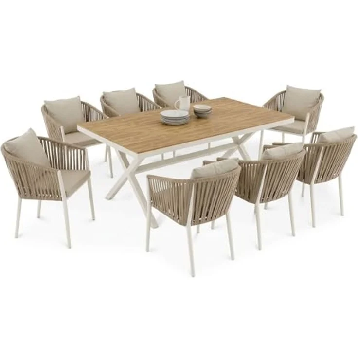 IDIMEX Garten-Essgruppe ISOLA, Gartenmöbelset mit 8 Stühlen und Tisch mit Alu & Holzoptik weiß – Bild 3