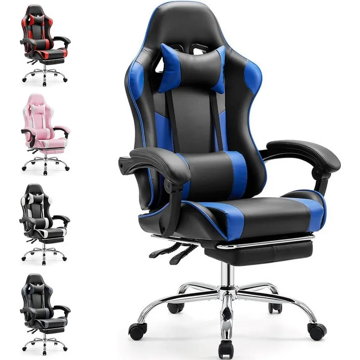 DUMOS Gaming-Stuhl Ergonomischer Bürostuhl mit Fußstütze, PU-Leder E-Sportstuhl, Gepolstert mit verstellbare Lendenkissen, Kopfkissen und Armlehnen