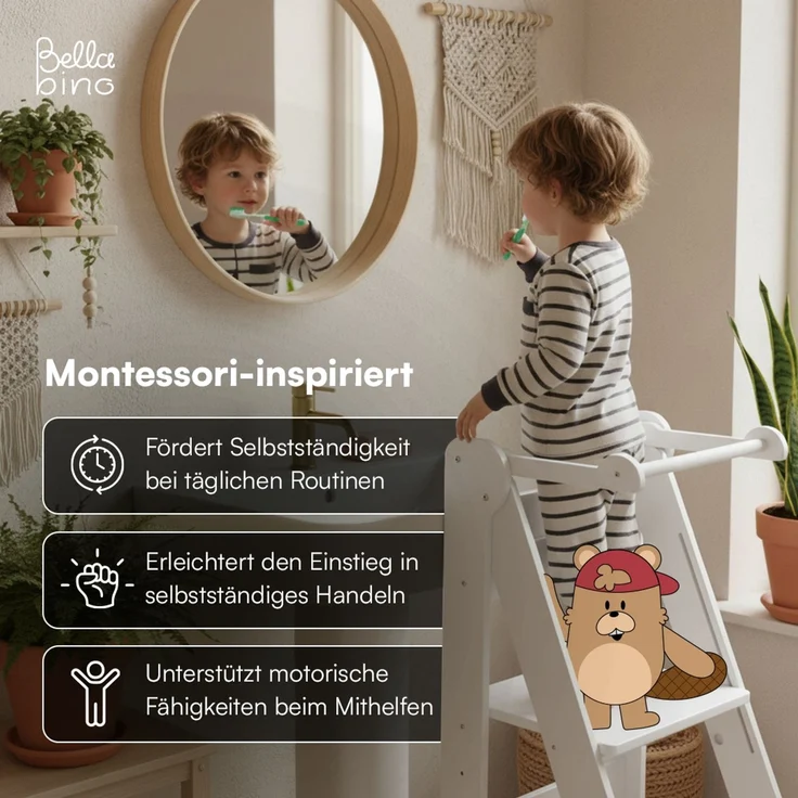 Bellabino 'Tay' Lernturm für Kinder ab 1 Jahr, Tritt 2-fach höhenverstellbar, weiß, Birke Sperrholz, klappbar, Tritthocker bis 50 kg belastbar – Bild 3