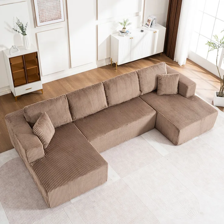 Schlafsofa U-Form 332x156x88 cm Braun aus Corduroy, mit Schlaffunktion, 4 großen und 2 kleinen Kissen