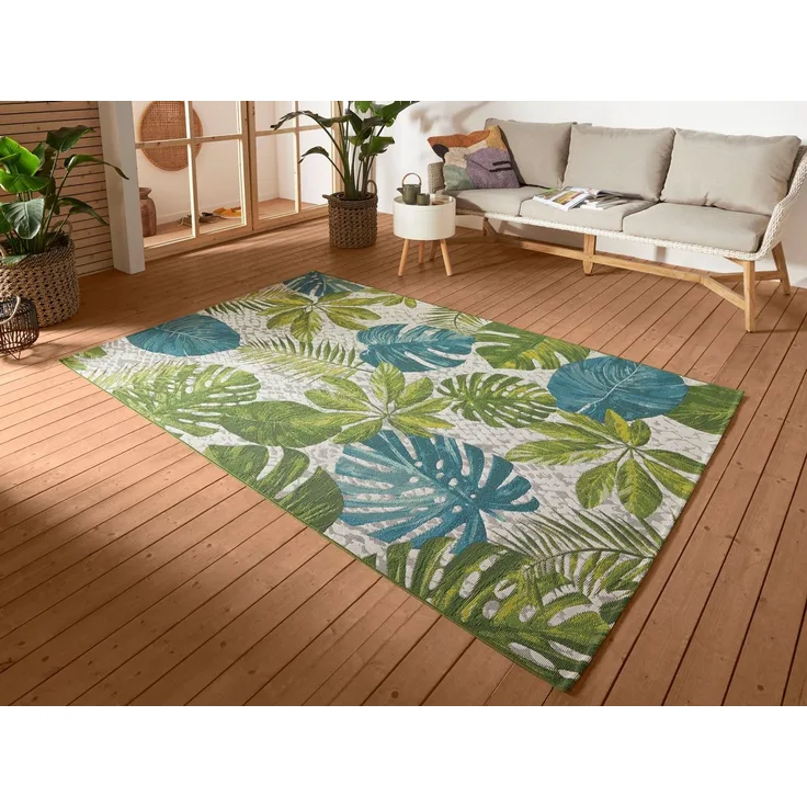 Hanse Home Tropical Leaves In- & Outdoor Teppich – Flachgewebe Aussenteppich, Jungel Palmen Blätter Design, ÖKO-TEX Wetterfest & UV-beständig für Balkon, Terrasse, Garten – Türkis Grün, 80x165 cm