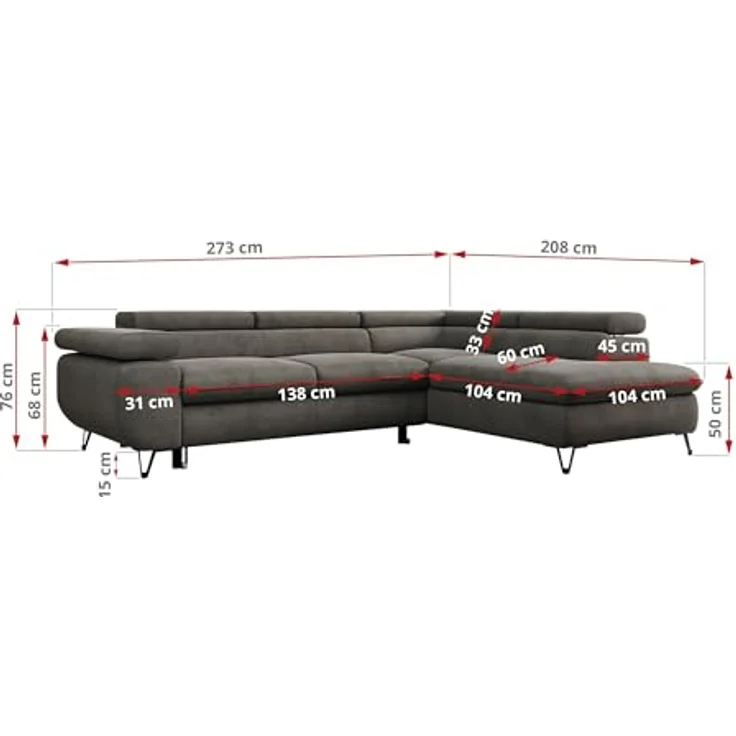 Mks Möbel 'Peter L-form' Ecksofa mit Bettfunktion, Bettkasten & einstellbaren Kopfstützen, Dunkelgrau, Velours, links – Bild 4