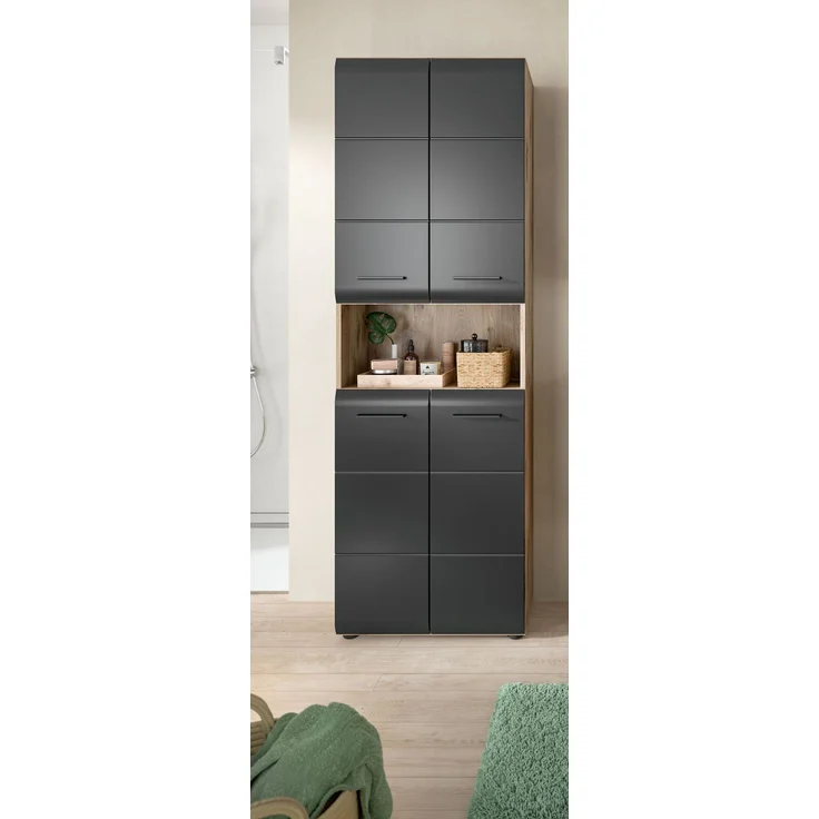 Hochschrank breit (B/H/T: 60x185x30 cm) in schwarz matt und Nox Oak Nachbildung – Bild 6