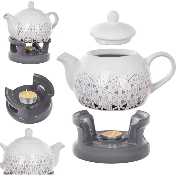 KADAX Teekanne 1L mit Stövchen Set, Kaffeekanne aus Porzellan mit Deckel, Griff und Teestövchen, Kanne mit Teelicht Wärmer für Tee, Teeservice (Grau/Weiß)