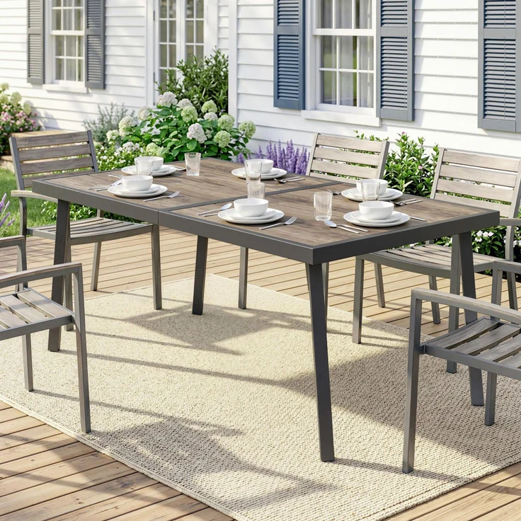 Outdoor-Tisch für 6 Personen, Holzoptik, Metallrahmen, wetterfest, 145 x 85 x 72 cm, grau--Grau--72x85x145cm--YOUDENOVA – Bild 4