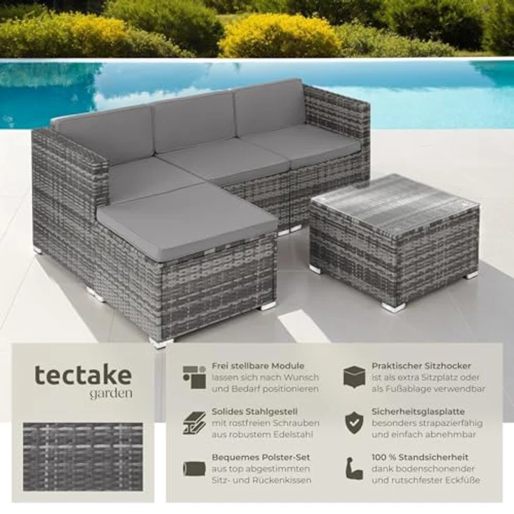 tectake® Poly Rattan Lounge, Outdoor Sitzgruppe, Set mit Sofa Sessel, Hocker, Tisch, frei kombinierbar, Sitzecke für 3-4 Personen, Möbel wetterfest für Garten Terrasse Balkon - grau – Bild 2